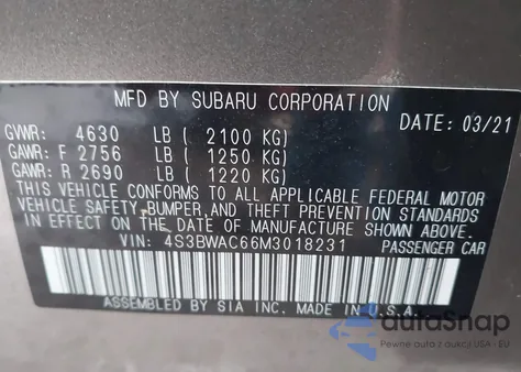 2021 Subaru Legacy Premium z USA, uszkodzony, nr VIN 4S3BWAC66M3018231